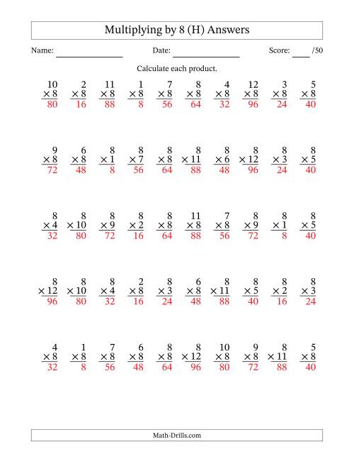 The Multiplying (1 to 12) by 8 (50 Questions) (H) Math Worksheet Page 2