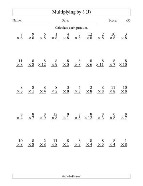 The Multiplying (1 to 12) by 8 (50 Questions) (J) Math Worksheet