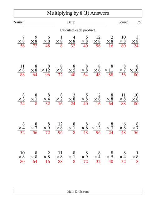 The Multiplying (1 to 12) by 8 (50 Questions) (J) Math Worksheet Page 2