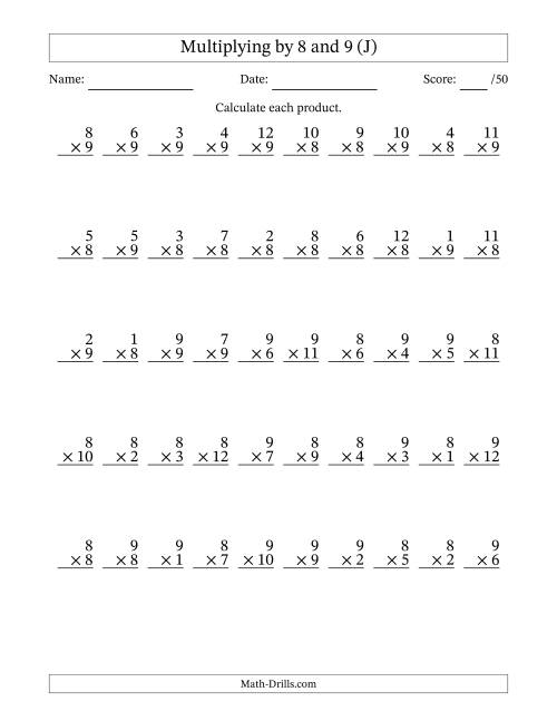 The Multiplying (1 to 12) by 8 and 9 (50 Questions) (J) Math Worksheet