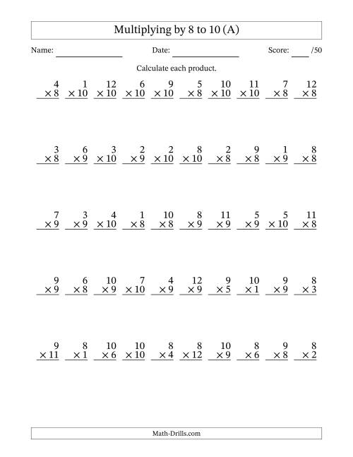 The Multiplying (1 to 12) by 8 to 10 (50 Questions) (A) Math Worksheet