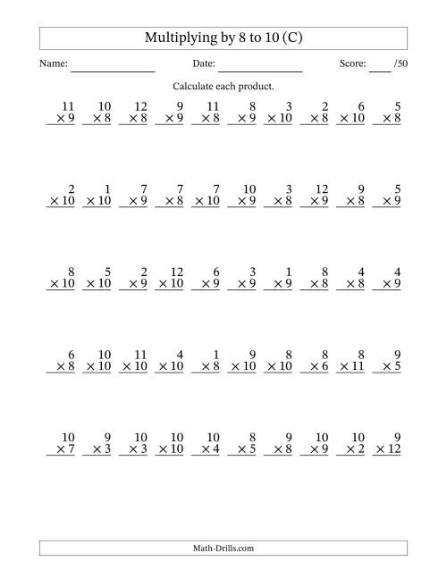 The Multiplying (1 to 12) by 8 to 10 (50 Questions) (C) Math Worksheet
