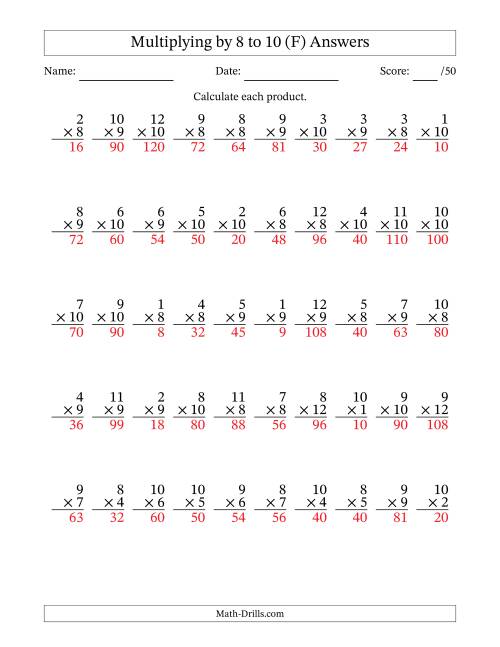 The Multiplying (1 to 12) by 8 to 10 (50 Questions) (F) Math Worksheet Page 2
