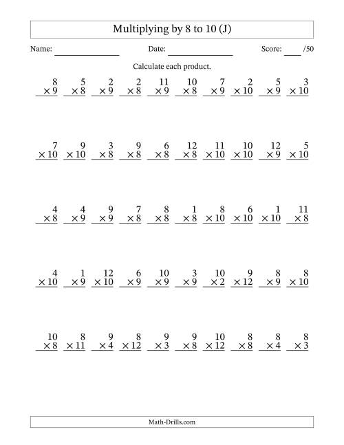 The Multiplying (1 to 12) by 8 to 10 (50 Questions) (J) Math Worksheet