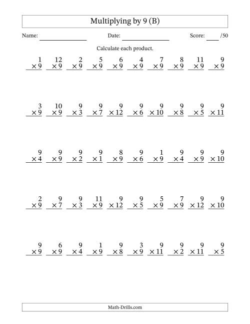 The Multiplying (1 to 12) by 9 (50 Questions) (B) Math Worksheet
