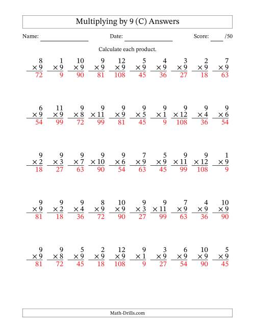 The Multiplying (1 to 12) by 9 (50 Questions) (C) Math Worksheet Page 2