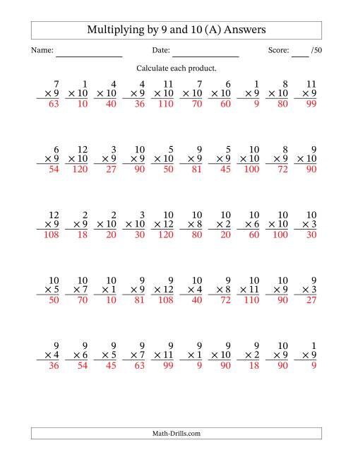 The Multiplying (1 to 12) by 9 and 10 (50 Questions) (A) Math Worksheet Page 2
