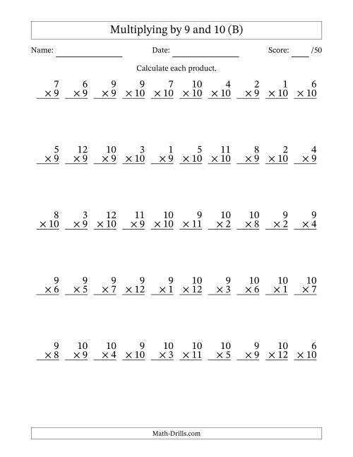 The Multiplying (1 to 12) by 9 and 10 (50 Questions) (B) Math Worksheet