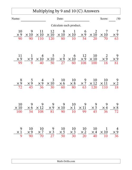 The Multiplying (1 to 12) by 9 and 10 (50 Questions) (C) Math Worksheet Page 2