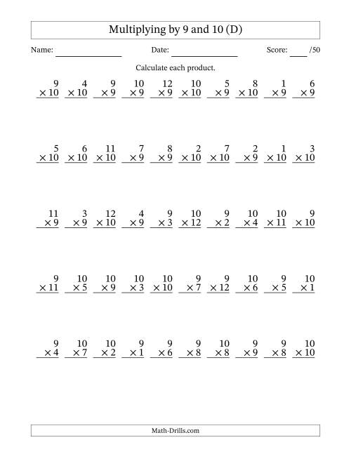 The Multiplying (1 to 12) by 9 and 10 (50 Questions) (D) Math Worksheet