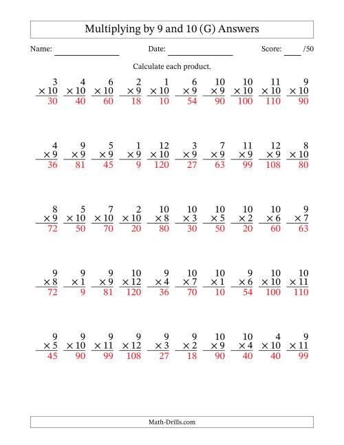 The Multiplying (1 to 12) by 9 and 10 (50 Questions) (G) Math Worksheet Page 2