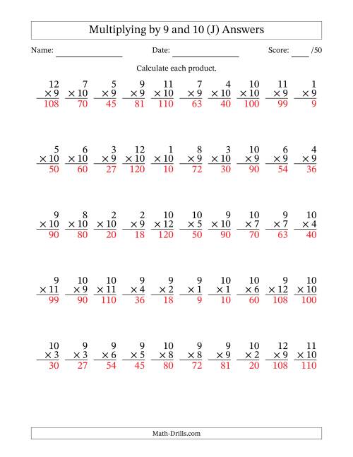 The Multiplying (1 to 12) by 9 and 10 (50 Questions) (J) Math Worksheet Page 2