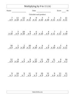 Multiplying (1 to 12) by 9 to 11 (50 Questions)