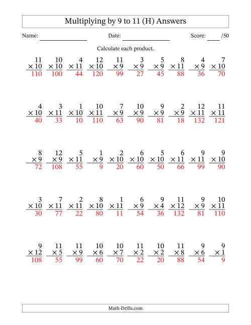 The Multiplying (1 to 12) by 9 to 11 (50 Questions) (H) Math Worksheet Page 2