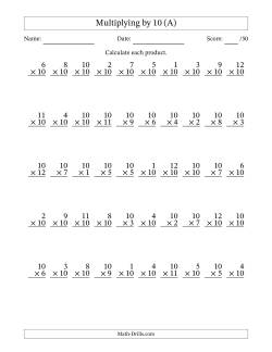 Multiplying (1 to 12) by 10 (50 Questions)