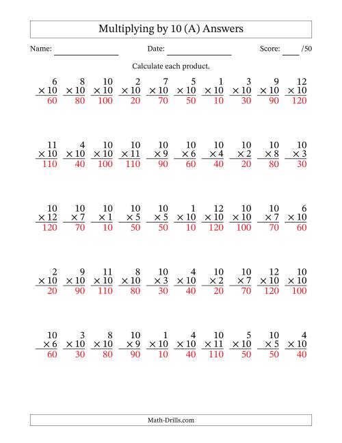 The Multiplying (1 to 12) by 10 (50 Questions) (A) Math Worksheet Page 2