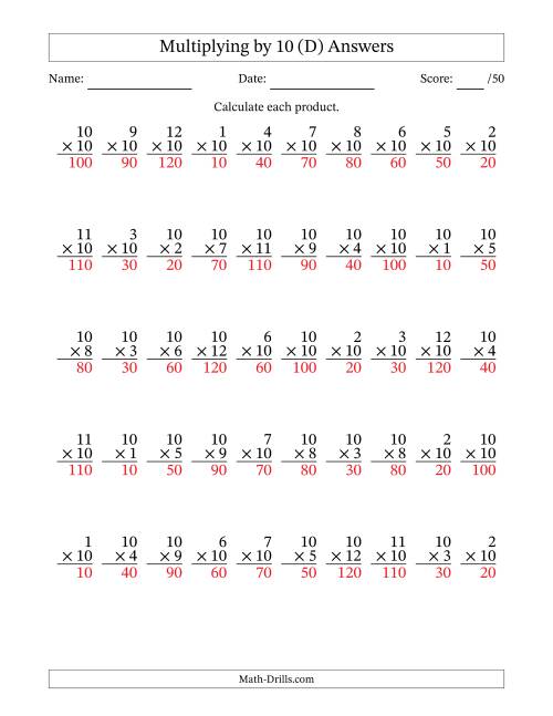 The Multiplying (1 to 12) by 10 (50 Questions) (D) Math Worksheet Page 2