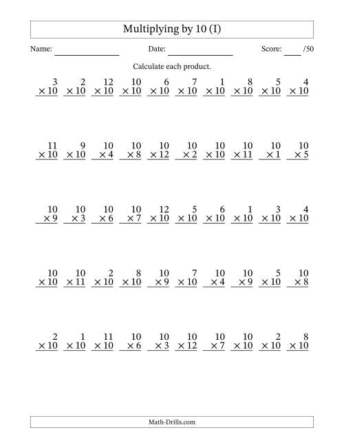 The Multiplying (1 to 12) by 10 (50 Questions) (I) Math Worksheet