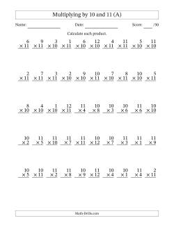 Multiplying (1 to 12) by 10 and 11 (50 Questions)