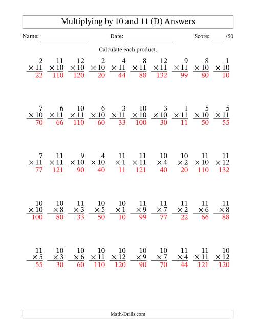 The Multiplying (1 to 12) by 10 and 11 (50 Questions) (D) Math Worksheet Page 2