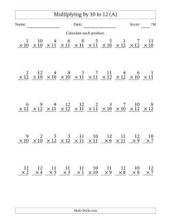 Multiplying (1 to 12) by 10 to 12 (50 Questions)