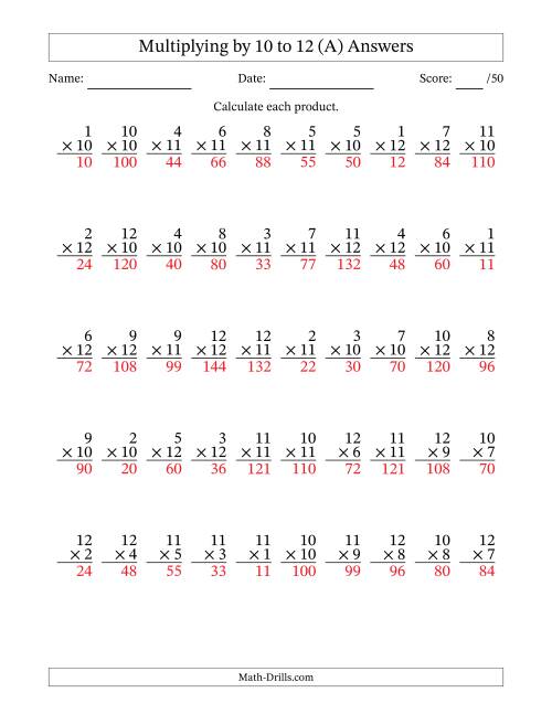 The Multiplying (1 to 12) by 10 to 12 (50 Questions) (A) Math Worksheet Page 2