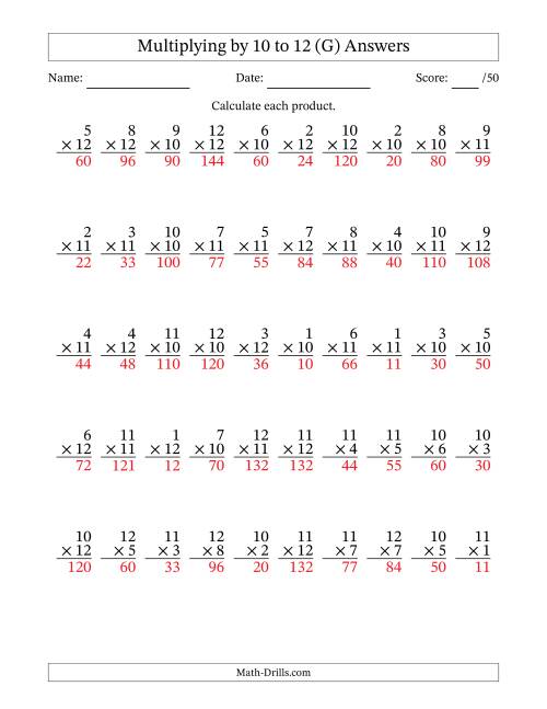 The Multiplying (1 to 12) by 10 to 12 (50 Questions) (G) Math Worksheet Page 2