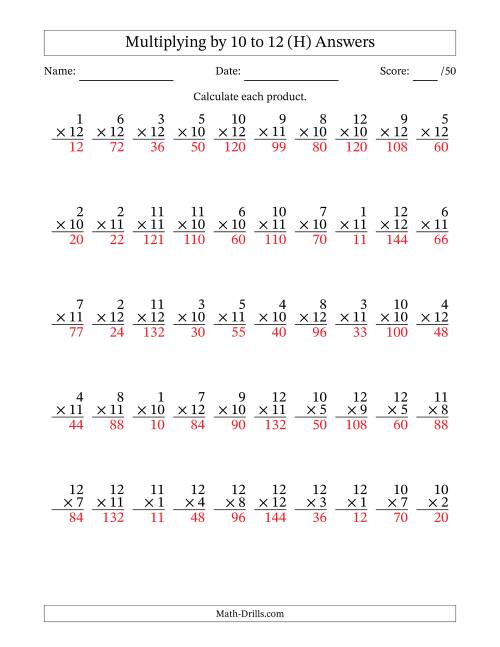 The Multiplying (1 to 12) by 10 to 12 (50 Questions) (H) Math Worksheet Page 2