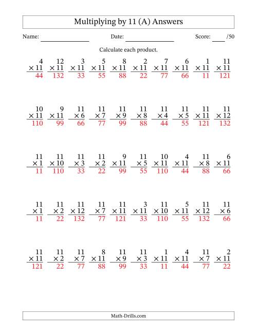 The Multiplying (1 to 12) by 11 (50 Questions) (A) Math Worksheet Page 2