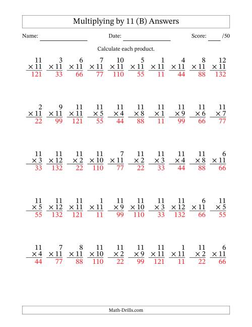 The Multiplying (1 to 12) by 11 (50 Questions) (B) Math Worksheet Page 2