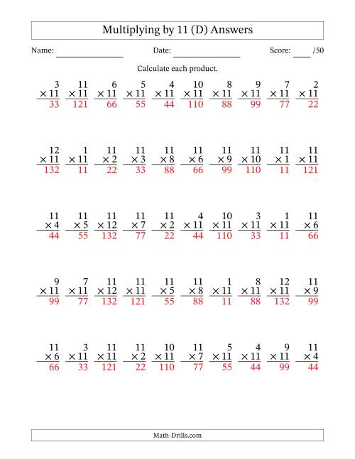 The Multiplying (1 to 12) by 11 (50 Questions) (D) Math Worksheet Page 2