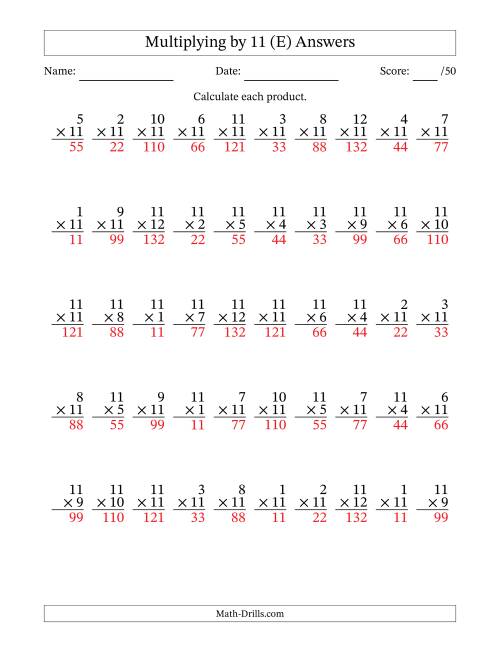 The Multiplying (1 to 12) by 11 (50 Questions) (E) Math Worksheet Page 2