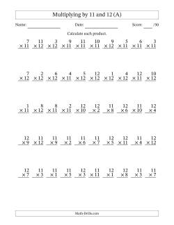 Multiplying (1 to 12) by 11 and 12 (50 Questions)