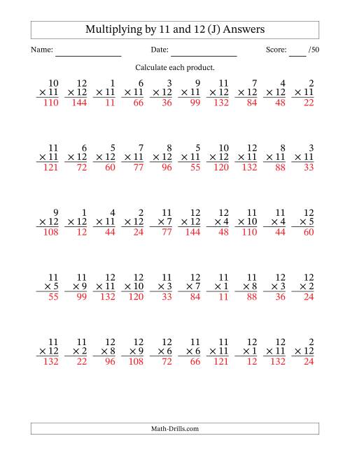 The Multiplying (1 to 12) by 11 and 12 (50 Questions) (J) Math Worksheet Page 2
