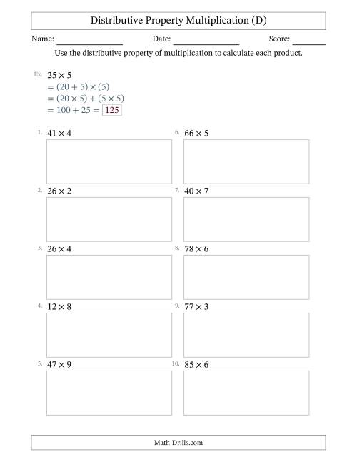 The Multiply 2-Digit by 1-Digit Numbers Using the Distributive Property (D) Math Worksheet