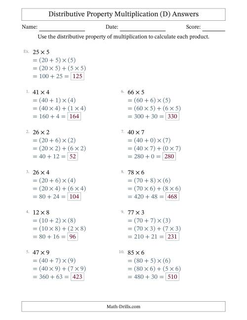 The Multiply 2-Digit by 1-Digit Numbers Using the Distributive Property (D) Math Worksheet Page 2