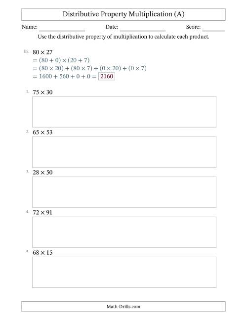 The Multiply 2-Digit by 2-Digit Numbers Using the Distributive Property (A) Math Worksheet