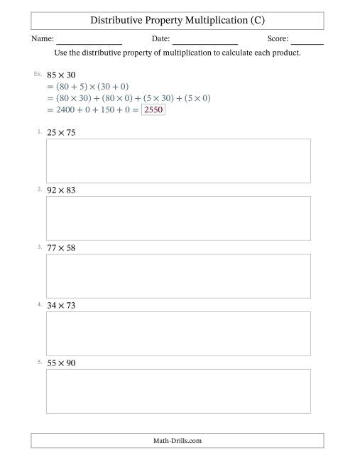 The Multiply 2-Digit by 2-Digit Numbers Using the Distributive Property (C) Math Worksheet
