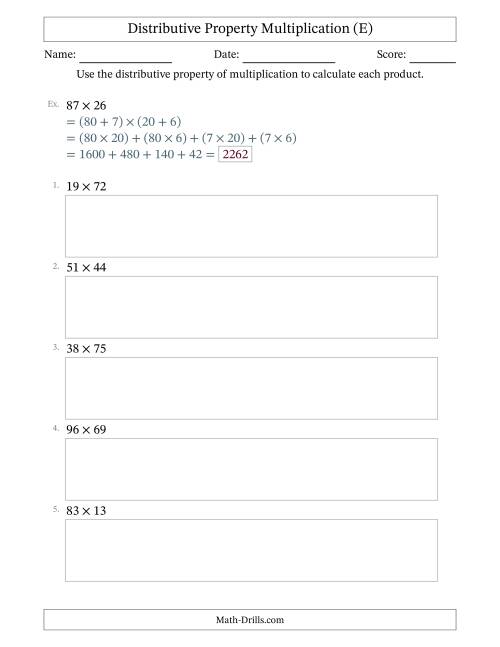 The Multiply 2-Digit by 2-Digit Numbers Using the Distributive Property (E) Math Worksheet