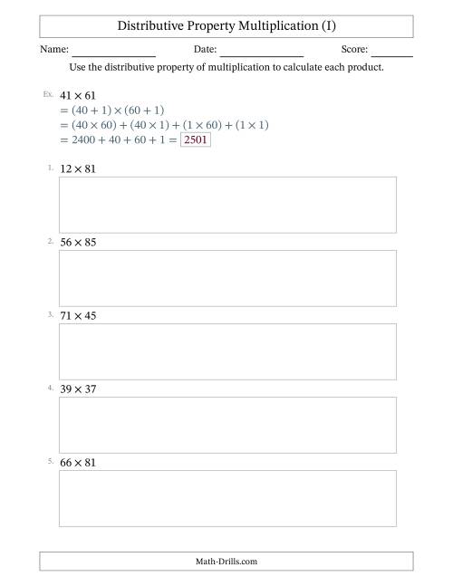 The Multiply 2-Digit by 2-Digit Numbers Using the Distributive Property (I) Math Worksheet