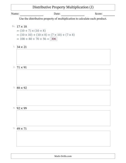 The Multiply 2-Digit by 2-Digit Numbers Using the Distributive Property (J) Math Worksheet