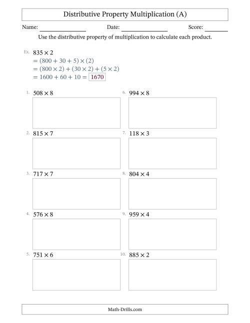 The Multiply 3-Digit by 1-Digit Numbers Using the Distributive Property (A) Math Worksheet