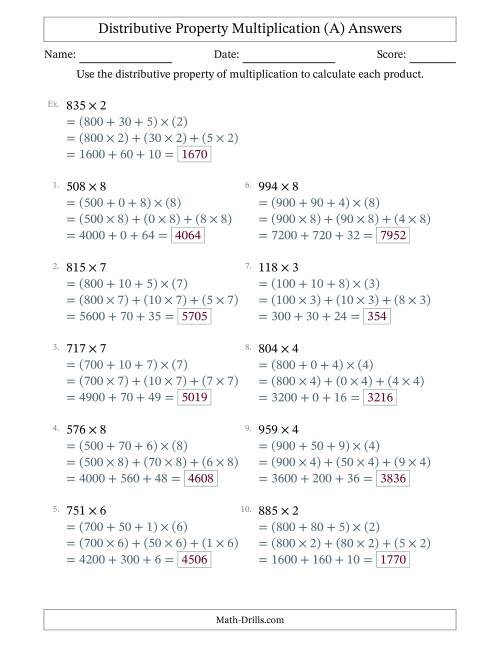 The Multiply 3-Digit by 1-Digit Numbers Using the Distributive Property (A) Math Worksheet Page 2