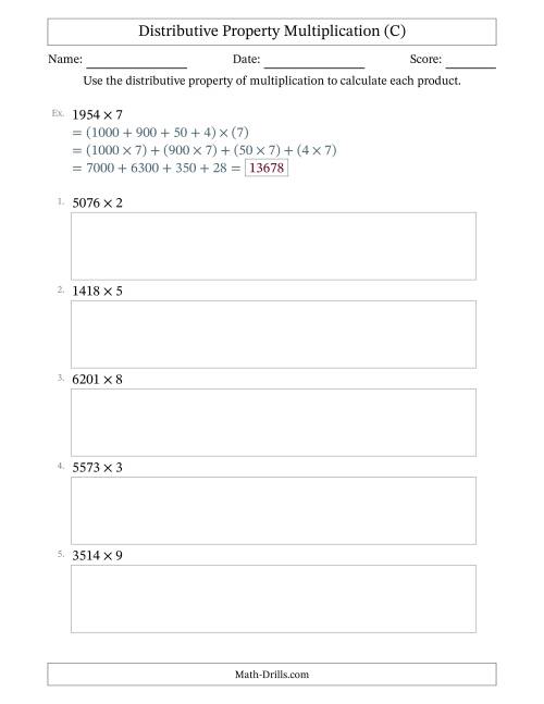 The Multiply 4-Digit by 1-Digit Numbers Using the Distributive Property (C) Math Worksheet