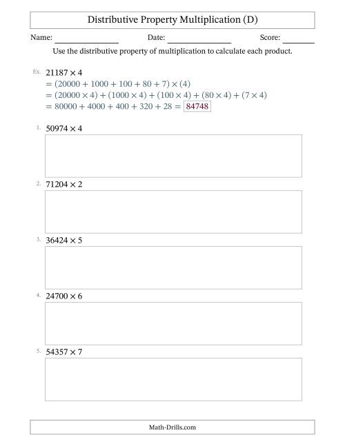 The Multiply 5-Digit by 1-Digit Numbers Using the Distributive Property (D) Math Worksheet