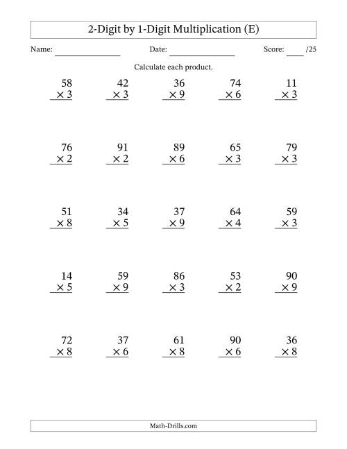 The Multiplying 2-Digit by 1-Digit Numbers (E) Math Worksheet