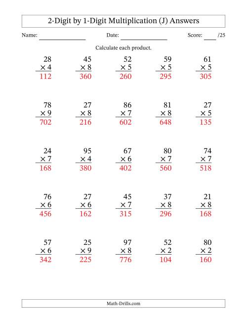 The Multiplying 2-Digit by 1-Digit Numbers (J) Math Worksheet Page 2