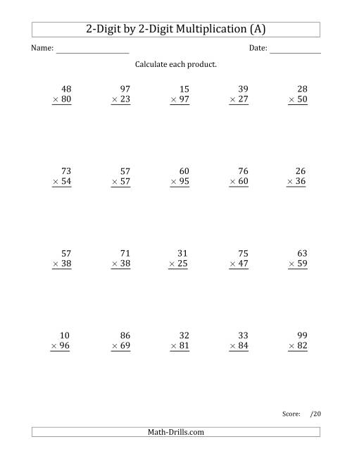 The Multiplying 2-Digit by 2-Digit Numbers with Comma-Separated Thousands (A) Math Worksheet