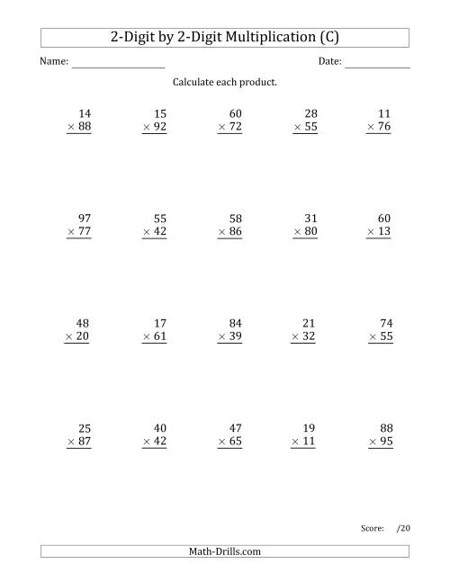 The Multiplying 2-Digit by 2-Digit Numbers with Comma-Separated Thousands (C) Math Worksheet