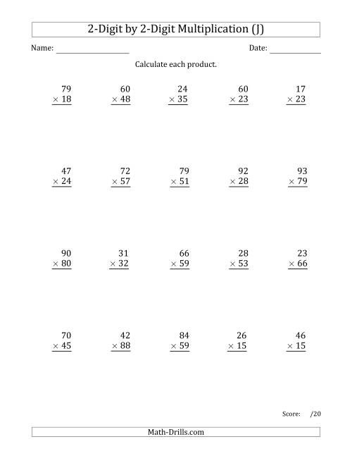 The Multiplying 2-Digit by 2-Digit Numbers with Comma-Separated Thousands (J) Math Worksheet
